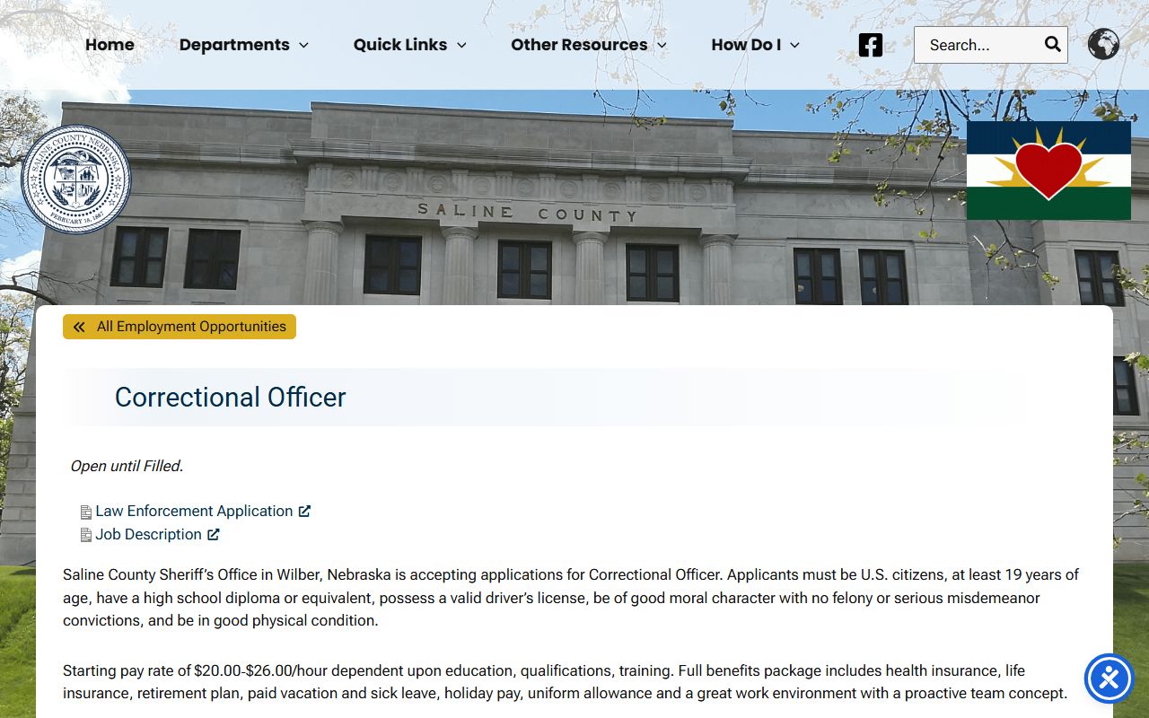 Saline County Law Enforcement Center inmate jail staffing and corrections job notice
